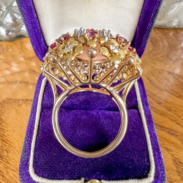 1940s Retro Moderne Coral, Ruby & Diamond Ring, sold by Doyle & Doyle an antique and vintage jewelry boutique