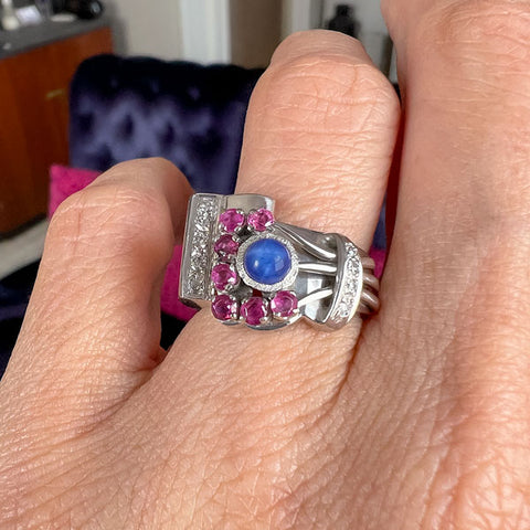 Retro Linde Star Sapphire, Ruby & Diamond Ring, from & Doyle antique and vintage jewelry boutique