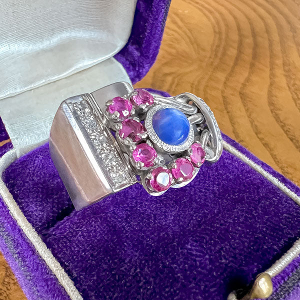 Retro Linde Star Sapphire, Ruby & Diamond Ring, from & Doyle antique and vintage jewelry boutique