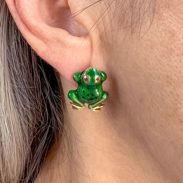 Vintage Green Enamel and Ruby Frog Earrings, from Doyle & Doyle antique and vintage jewelry boutique