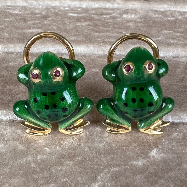 Vintage Green Enamel and Ruby Frog Earrings, from Doyle & Doyle antique and vintage jewelry boutique