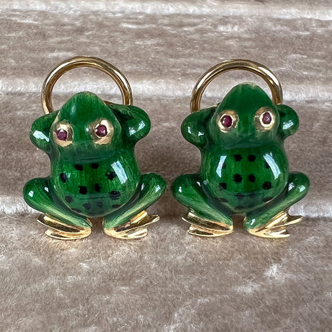Vintage Green Enamel and Ruby Frog Earrings, from Doyle & Doyle antique and vintage jewelry boutique