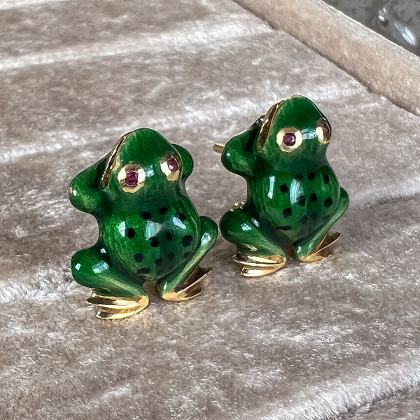 Vintage Green Enamel and Ruby Frog Earrings, from Doyle & Doyle antique and vintage jewelry boutique