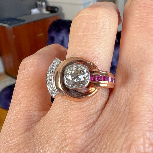 1940s Retro Diamond and Ruby Ring, Old Mine cut diamond 1.50ct., sold by Doyle & Doyle an antique and vintage jewelry boutique
