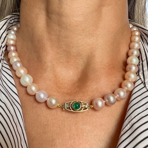 Vintage Cultured Pearl Necklace with Emerald and Diamond Clasp, from Doyle & Doyle antique and vintage jewelry boutique