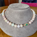 Vintage Cultured Pearl Necklace with Emerald and Diamond Clasp, from Doyle & Doyle antique and vintage jewelry boutique