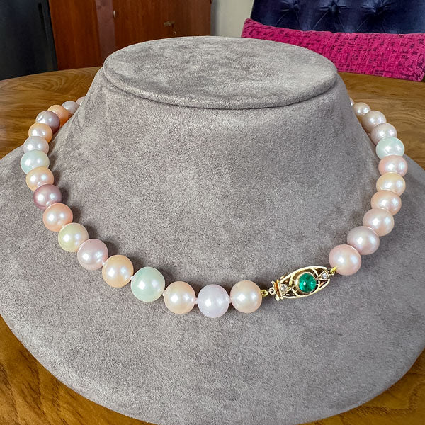 Vintage Cultured Pearl Necklace with Emerald and Diamond Clasp, from Doyle & Doyle antique and vintage jewelry boutique