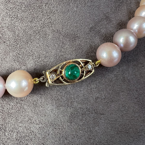 Vintage Cultured Pearl Necklace with Emerald and Diamond Clasp, from Doyle & Doyle antique and vintage jewelry boutique