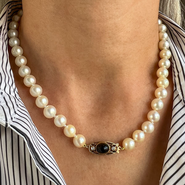 Vintage Cultured Pearl Necklace, Sapphire & Diamond Clasp sold by Doyle and Doyle an antique and vintage jewelry boutique