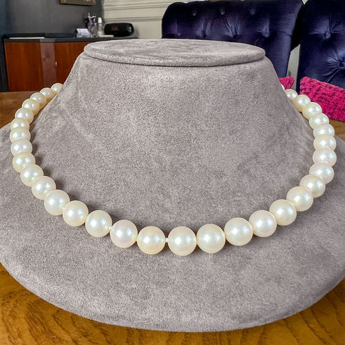 Vintage Cultured Pearl Necklace, Sapphire & Diamond Clasp sold by Doyle and Doyle an antique and vintage jewelry boutique
