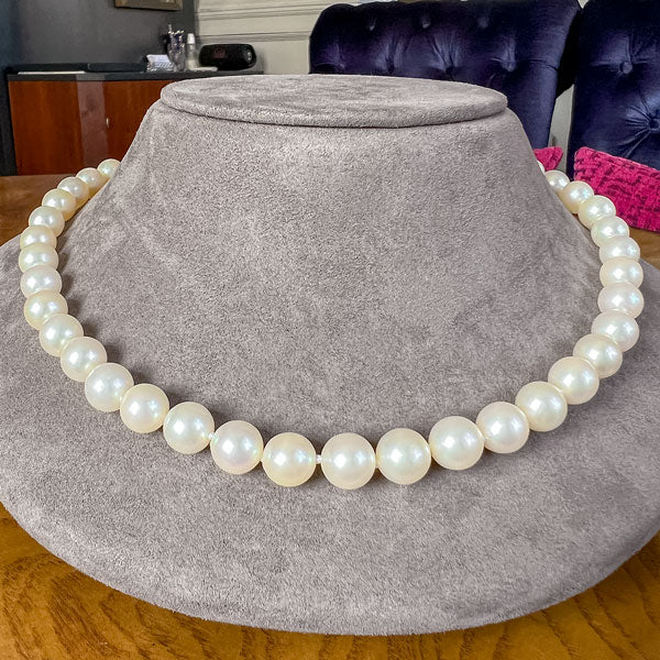Vintage Cultured Pearl Necklace, Sapphire & Diamond Clasp sold by Doyle and Doyle an antique and vintage jewelry boutique