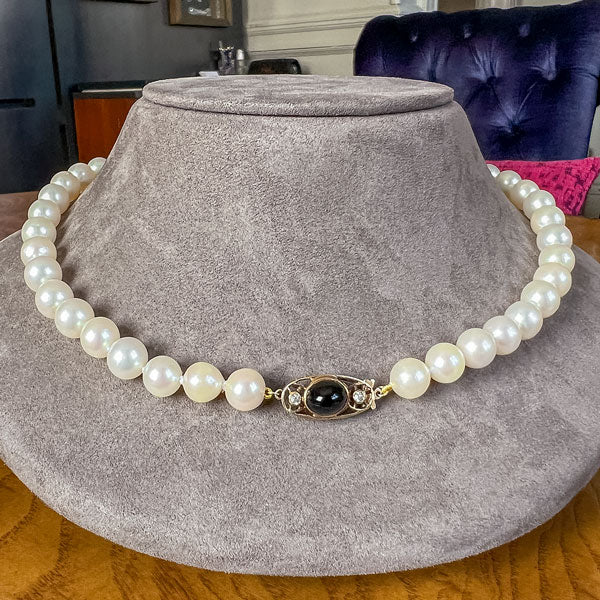 Vintage Cultured Pearl Necklace, Sapphire & Diamond Clasp sold by Doyle and Doyle an antique and vintage jewelry boutique