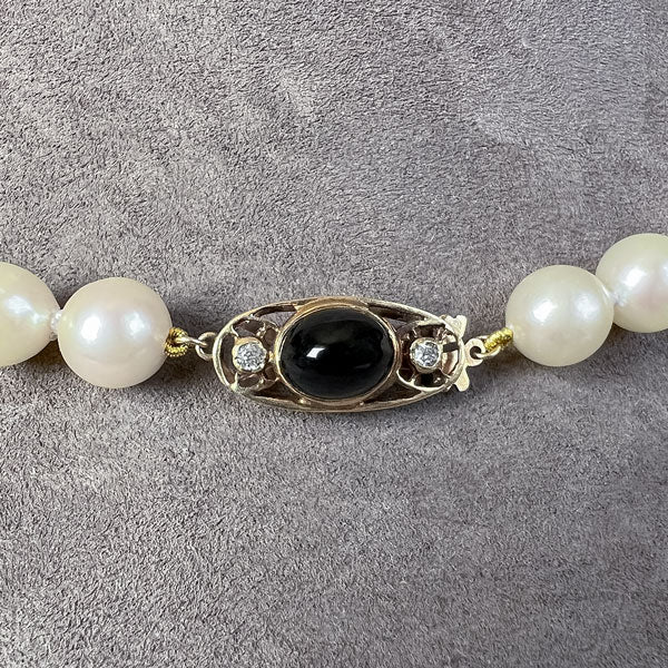 Vintage Cultured Pearl Necklace, Sapphire & Diamond Clasp sold by Doyle and Doyle an antique and vintage jewelry boutique