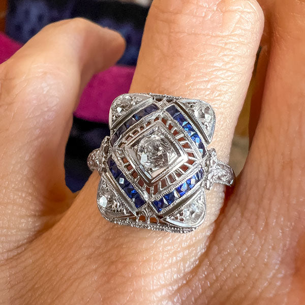 Art Deco Diamond & Sapphire Filigree Ring, 0.15ct. sold by Doyle and Doyle an antique and vintage jewelry boutique
