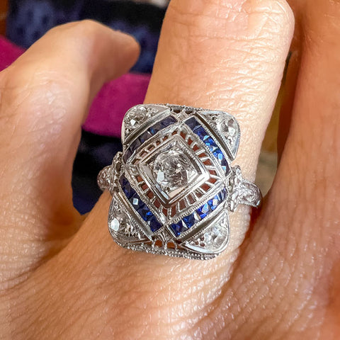 Art Deco Diamond & Sapphire Filigree Ring, 0.15ct. sold by Doyle and Doyle an antique and vintage jewelry boutique