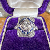Art Deco Diamond & Sapphire Filigree Ring, 0.15ct. sold by Doyle and Doyle an antique and vintage jewelry boutique