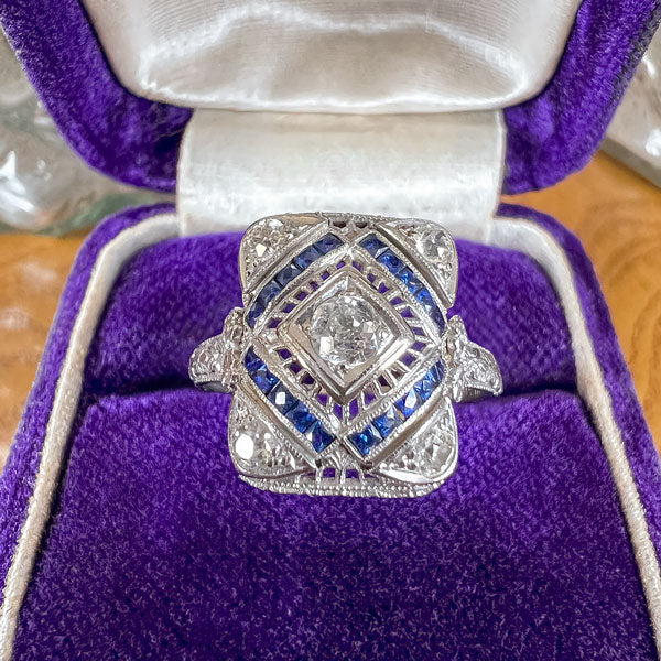 Art Deco Diamond & Sapphire Filigree Ring, 0.15ct. sold by Doyle and Doyle an antique and vintage jewelry boutique