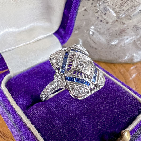 Art Deco Diamond & Sapphire Filigree Ring, 0.15ct. sold by Doyle and Doyle an antique and vintage jewelry boutique