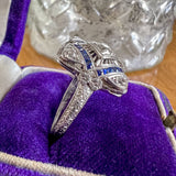 Art Deco Diamond & Sapphire Filigree Ring, 0.15ct. sold by Doyle and Doyle an antique and vintage jewelry boutique