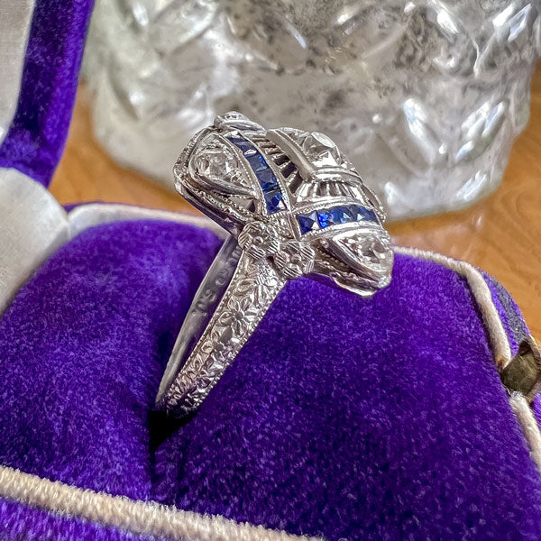 Art Deco Diamond & Sapphire Filigree Ring, 0.15ct. sold by Doyle and Doyle an antique and vintage jewelry boutique