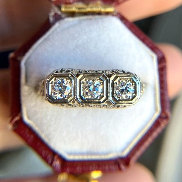Art Deco Diamond Filigree Three Stone Engagement Ring, from Doyle & Doyle antique and vintage jewelry boutique