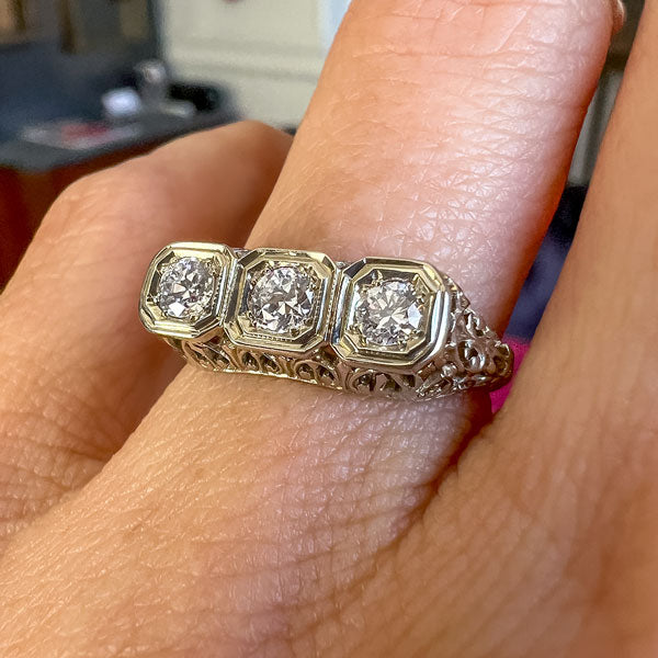 Art Deco Diamond Filigree Three Stone Engagement Ring sold by Doyle and Doyle an antique and vintage jewelry boutique