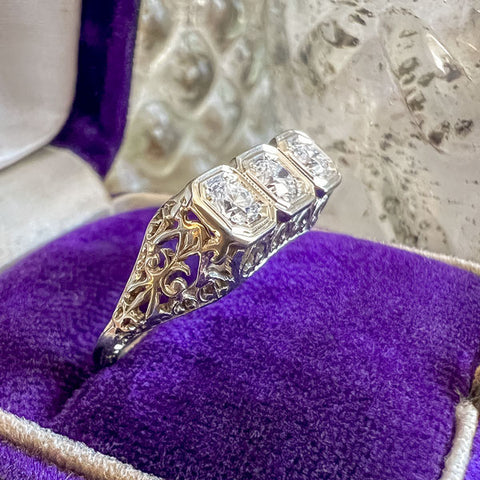 Art Deco Diamond Filigree Three Stone Engagement Ring sold by Doyle and Doyle an antique and vintage jewelry boutique