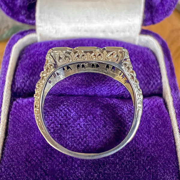 Art Deco Diamond Filigree Three Stone Engagement Ring sold by Doyle and Doyle an antique and vintage jewelry boutique