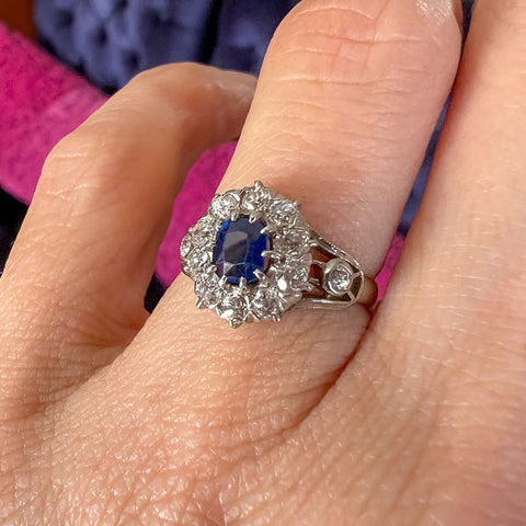 Vintage Sapphire & Diamond Cluster Ring sold by Doyle and Doyle an antique and vintage jewelry boutique