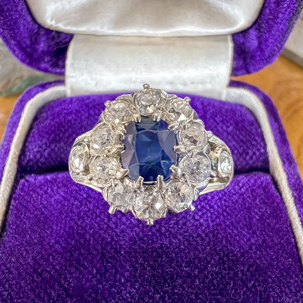 Vintage Sapphire & Diamond Cluster Ring sold by Doyle and Doyle an antique and vintage jewelry boutique