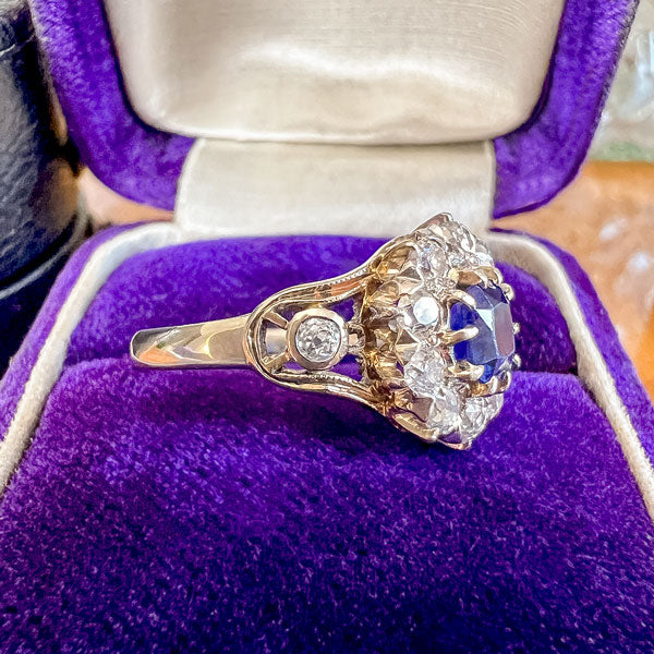 Vintage Sapphire & Diamond Cluster Ring sold by Doyle and Doyle an antique and vintage jewelry boutique