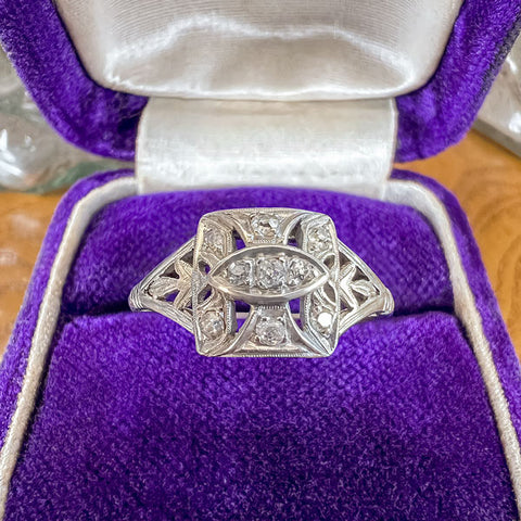 Art Deco Filigree Ring sold by Doyle and Doyle an antique and vintage jewelry boutique