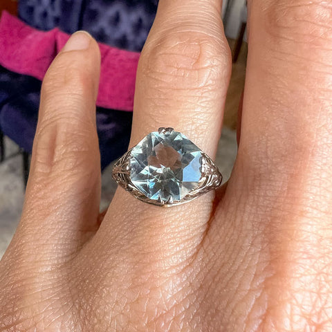 Vintage Filigree Aquamarine Ring sold by Doyle and Doyle an antique and vintage jewelry boutique