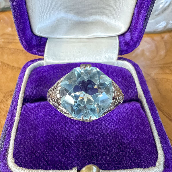 Vintage Filigree Aquamarine Ring sold by Doyle and Doyle an antique and vintage jewelry boutique