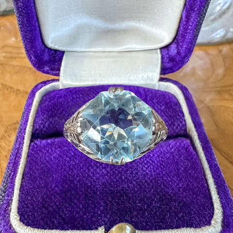 Vintage Filigree Aquamarine Ring sold by Doyle and Doyle an antique and vintage jewelry boutique