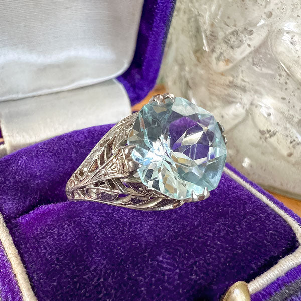 Vintage Filigree Aquamarine Ring sold by Doyle and Doyle an antique and vintage jewelry boutique