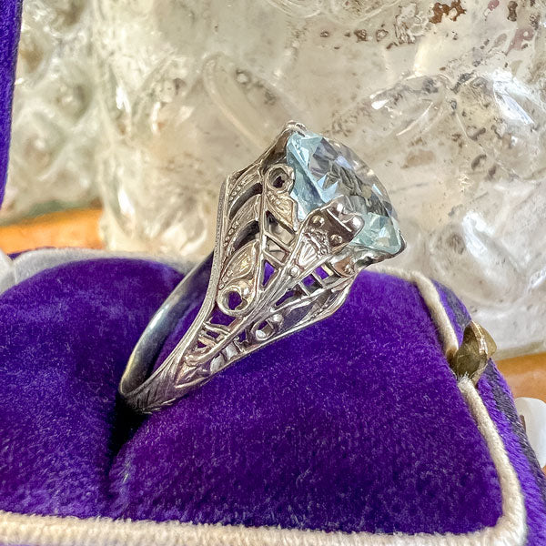 Vintage Filigree Aquamarine Ring sold by Doyle and Doyle an antique and vintage jewelry boutique