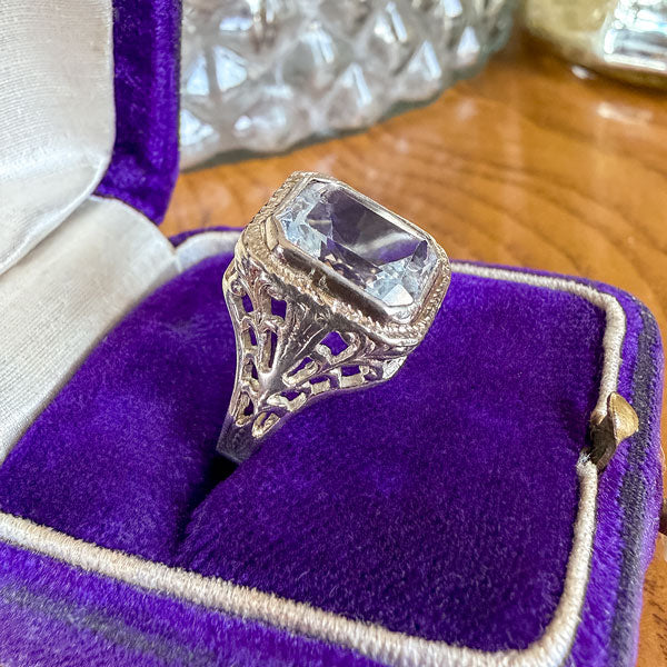 Vintage Filigree Aquamarine Ring sold by Doyle and Doyle an antique and vintage jewelry boutique