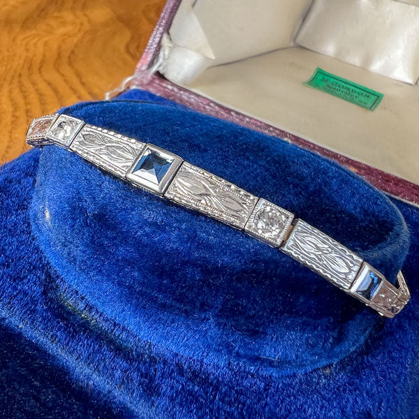Art Deco Sapphire & Diamond Bracelet with engraving, sold by Doyle & Doyle an antique and vintage jewelry boutique