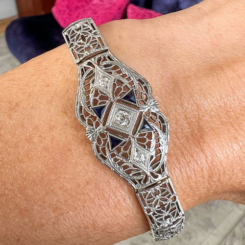 Art Deco Diamond & Sapphire Filigree Bracelet sold by Doyle and Doyle an antique and vintage jewelry boutique