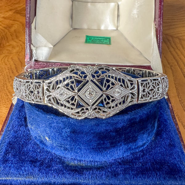 Art Deco Diamond & Sapphire Filigree Bracelet sold by Doyle and Doyle an antique and vintage jewelry boutique