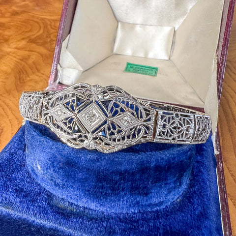 Art Deco Diamond & Sapphire Filigree Bracelet sold by Doyle and Doyle an antique and vintage jewelry boutique