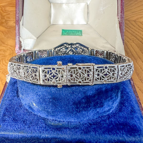 Art Deco Diamond & Sapphire Filigree Bracelet sold by Doyle and Doyle an antique and vintage jewelry boutique