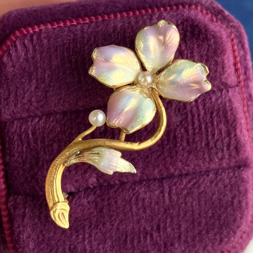 Victorian Enamel and Pearl Flower Pin, sold by Doyle & Doyle an antique and vintage jewelry boutique