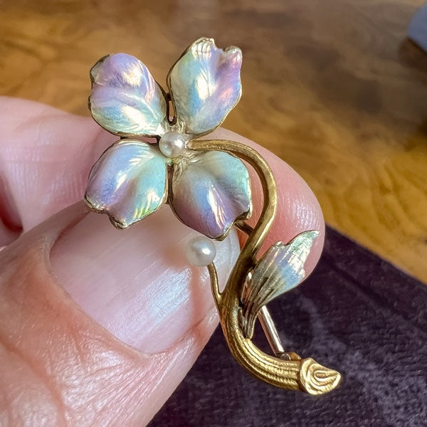 Victorian Enamel and Pearl Flower Pin, sold by Doyle & Doyle an antique and vintage jewelry boutique