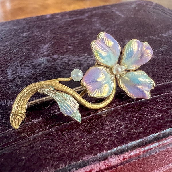 Victorian Enamel and Pearl Flower Pin, sold by Doyle & Doyle an antique and vintage jewelry boutique