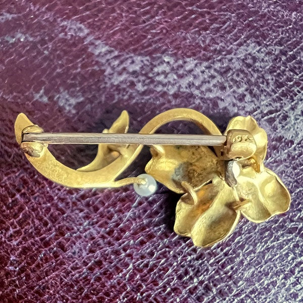 Victorian Enamel and Pearl Flower Pin, sold by Doyle & Doyle an antique and vintage jewelry boutique
