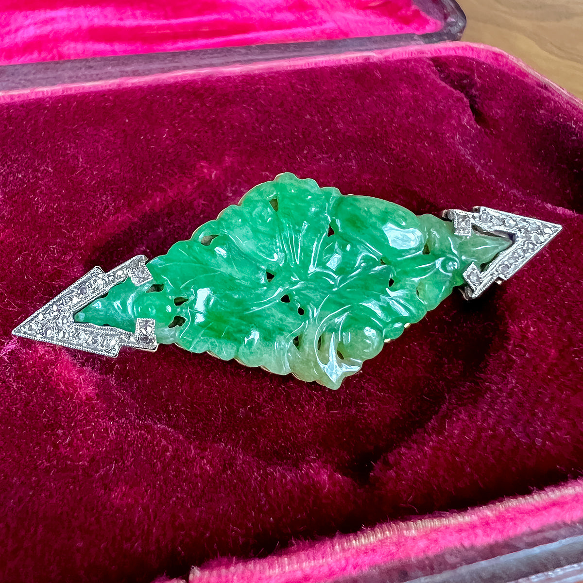 Art Deco Jade & Diamond Brooch, sold by Doyle & Doyle an antique and vintage jewelry boutique