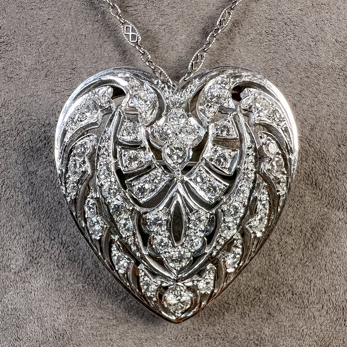 Vintage Filigree Diamond Heart Pin/Pendant, from Doyle & Doyle antique and vintage jewelry boutique 