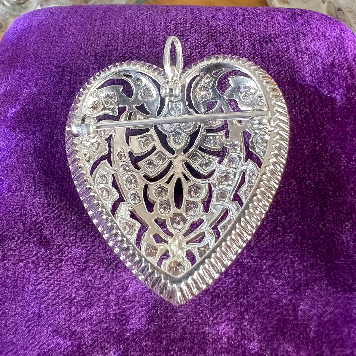 Vintage Filigree Diamond Heart Pin/Pendant, from Doyle & Doyle antique and vintage jewelry boutique 